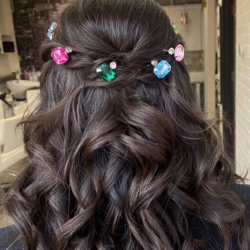 Colorful Rhinestone Gold Bobby Pin 6 pc Oval Rectangle Clip Hair Accessory NEW